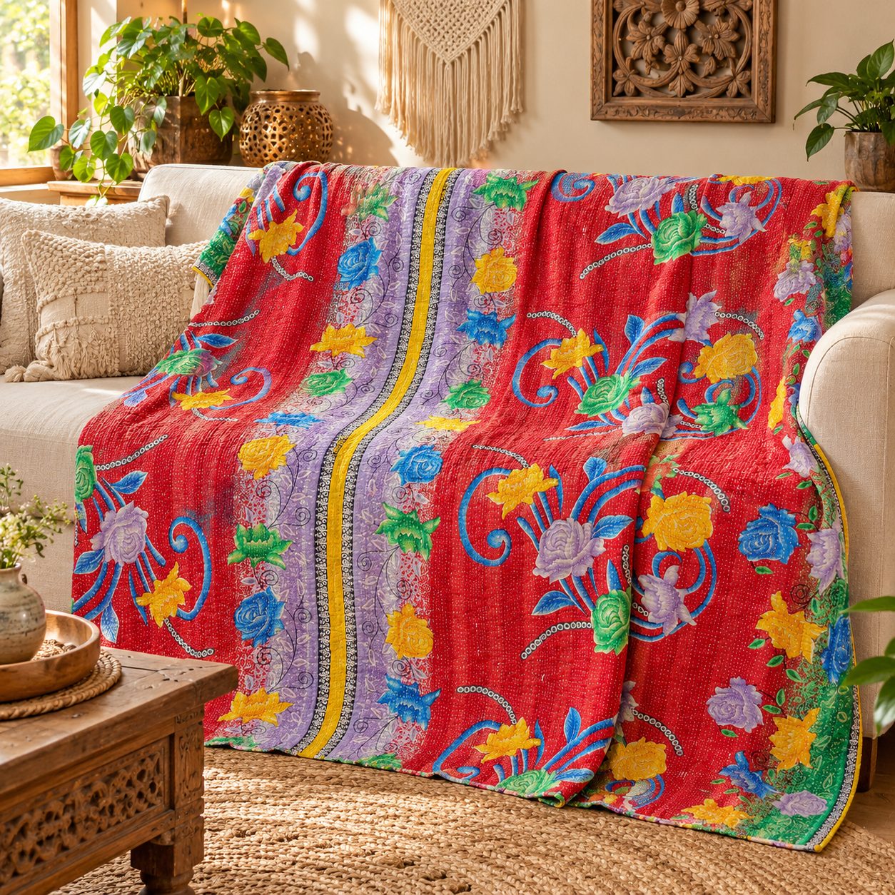 Red Floral Kantha Quilt 60x90 – Handmade Cotton Bedspread