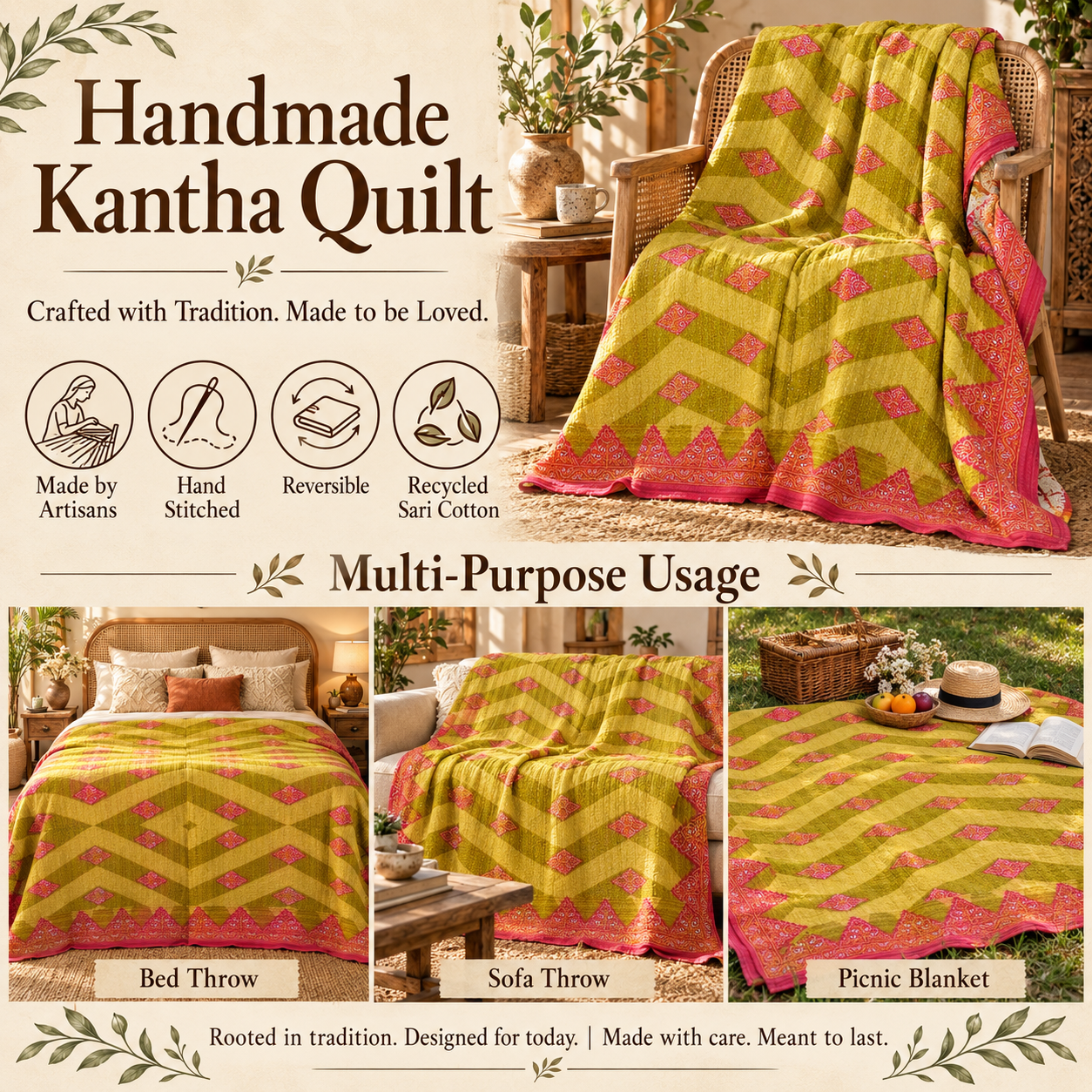 Olive Green Pink Geometric Vintage Kantha Quilt – Handmade Cotton Bedspread Throw 60x90 Inch - Image 4