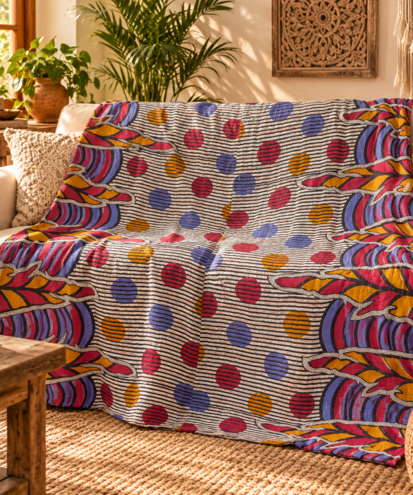 Cream Multicolor Geometric Vintage Kantha Quilt – Hand Stitched Cotton Bedspread 60x90 Inch