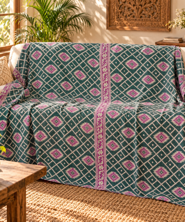 Teal Green Pink Geometric Vintage Kantha Quilt – Hand Stitched Cotton Bedspread Throw 60x90 Inch