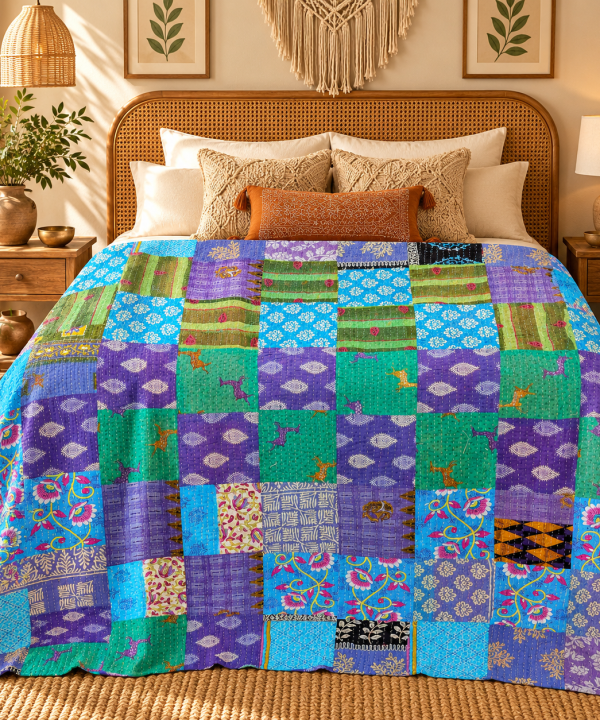 Alternative view of Assorted Blue Green Patchwork Kantha Quilt 60x90 – Handmade Cotton Boho Throw
