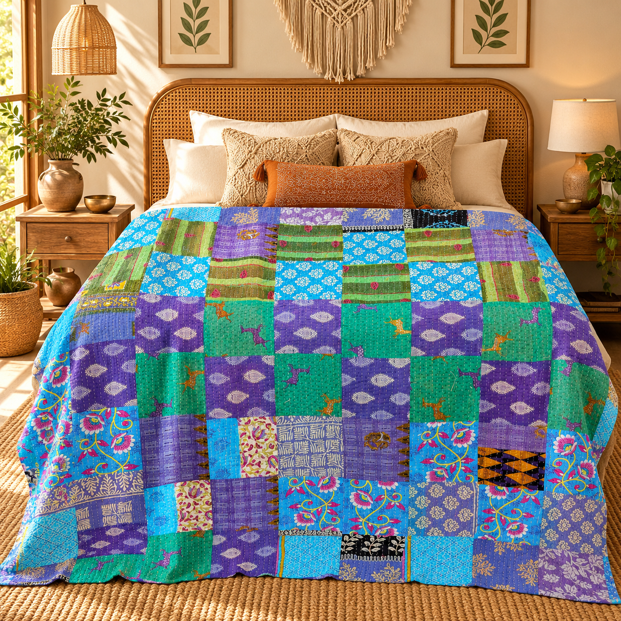 Assorted Blue Green Patchwork Kantha Quilt 60x90 – Handmade Cotton Boho Throw - Image 2