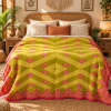 Olive Green Pink Geometric Vintage Kantha Quilt – Handmade Cotton Bedspread Throw 60x90 Inch - Image 2