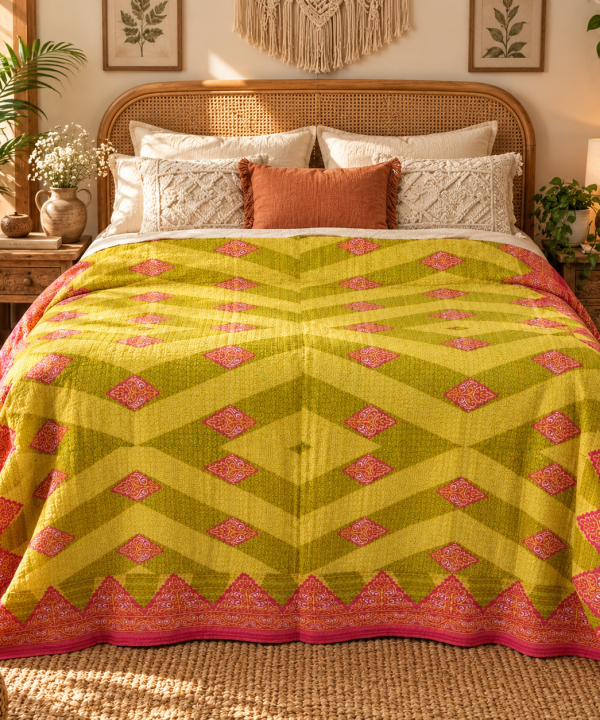 Alternative view of Olive Green Pink Geometric Vintage Kantha Quilt – Handmade Cotton Bedspread Throw 60x90 Inch