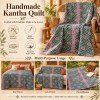 Teal Green Pink Geometric Vintage Kantha Quilt – Hand Stitched Cotton Bedspread Throw 60x90 Inch - Image 4