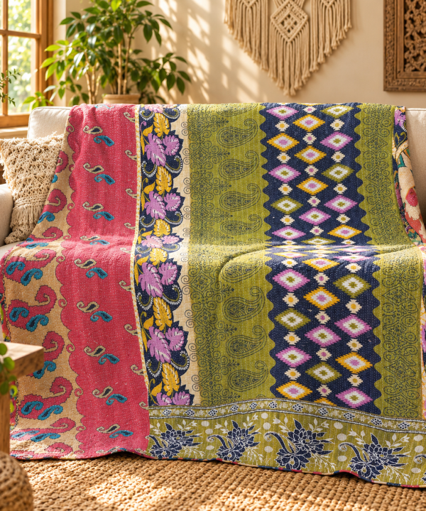 Olive Green Coral Pink Vintage Kantha Quilt – Paisley Floral Hand Stitched Cotton Throw 60x90 Inch