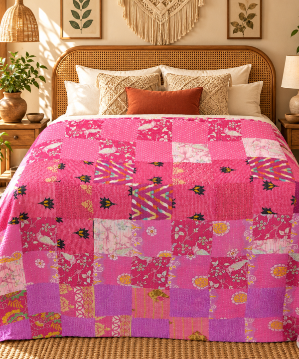 Alternative view of Assorted Pink Patchwork Kantha Quilt 60x90 – Handmade Cotton Bedspread