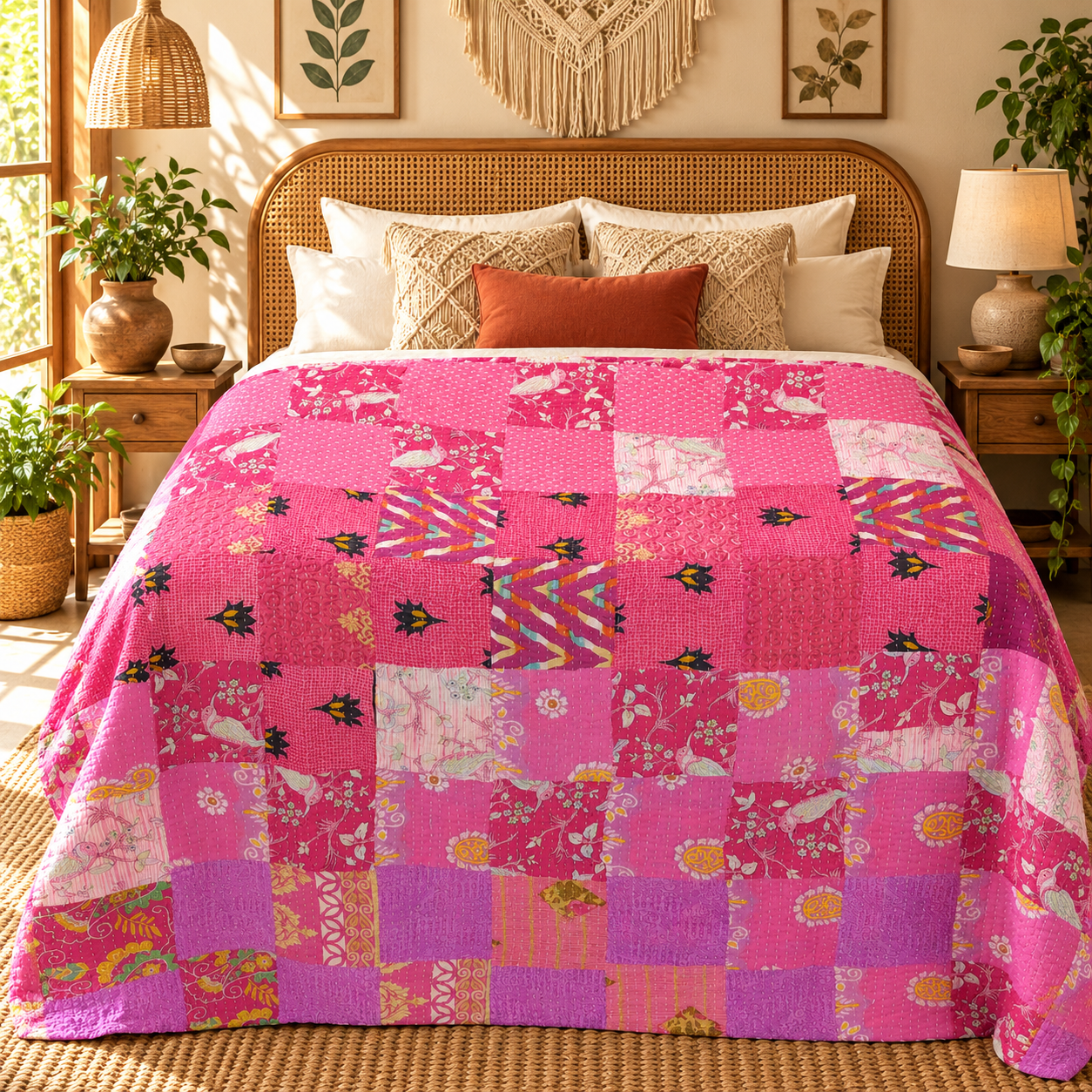 Assorted Pink Patchwork Kantha Quilt 60x90 – Handmade Cotton Bedspread - Image 2