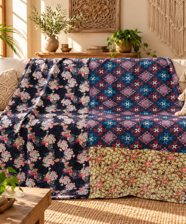 Navy Blue Floral Vintage Kantha Quilt – Handmade Cotton Indian Bedspread Throw 60x90 Inch