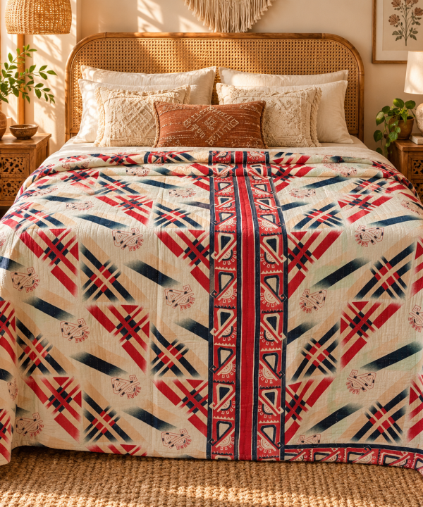 Alternative view of Cream Red Geometric Vintage Kantha Quilt – Handmade Cotton Indian Bedspread Throw 60x90 Inch