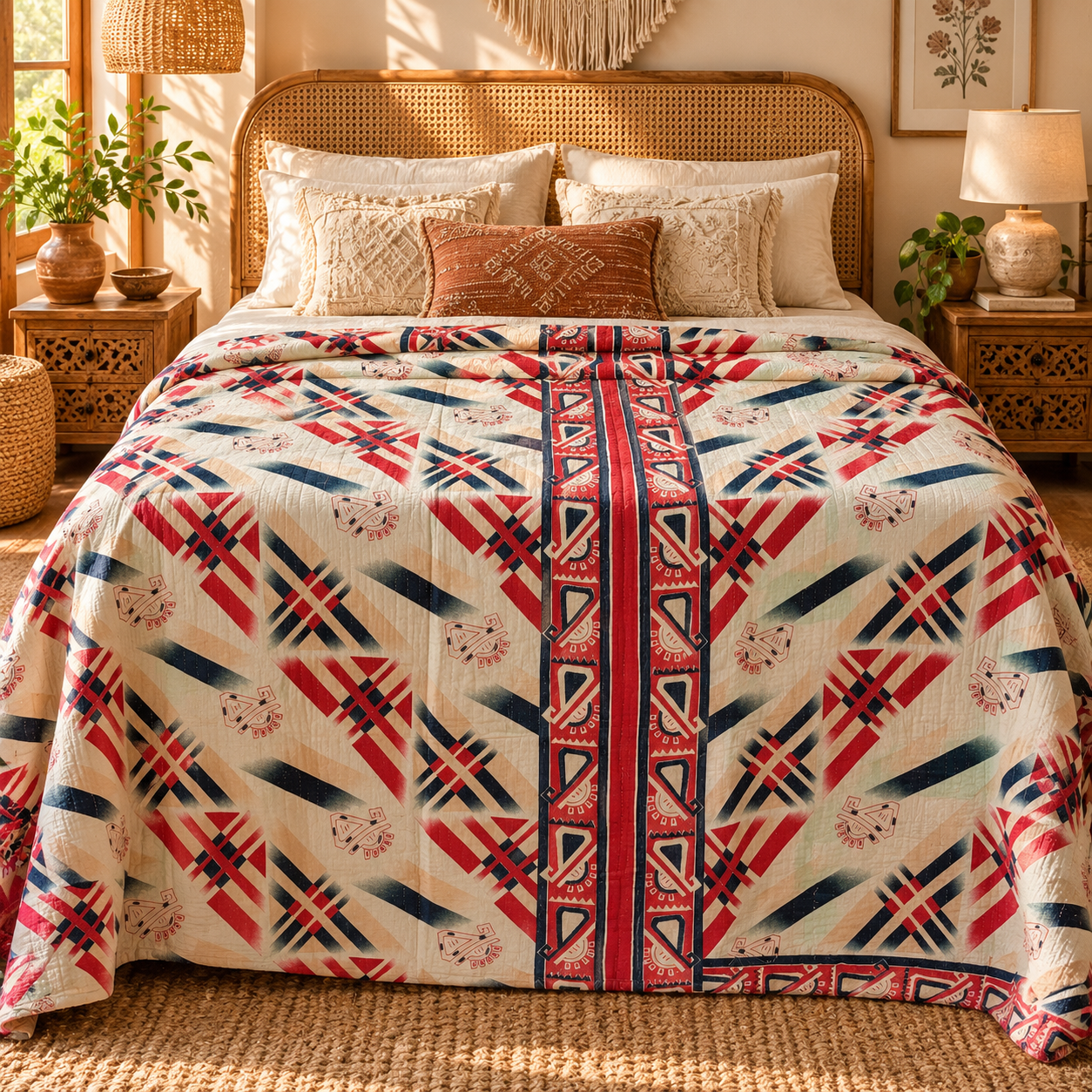 Cream Red Geometric Vintage Kantha Quilt – Handmade Cotton Indian Bedspread Throw 60x90 Inch - Image 2