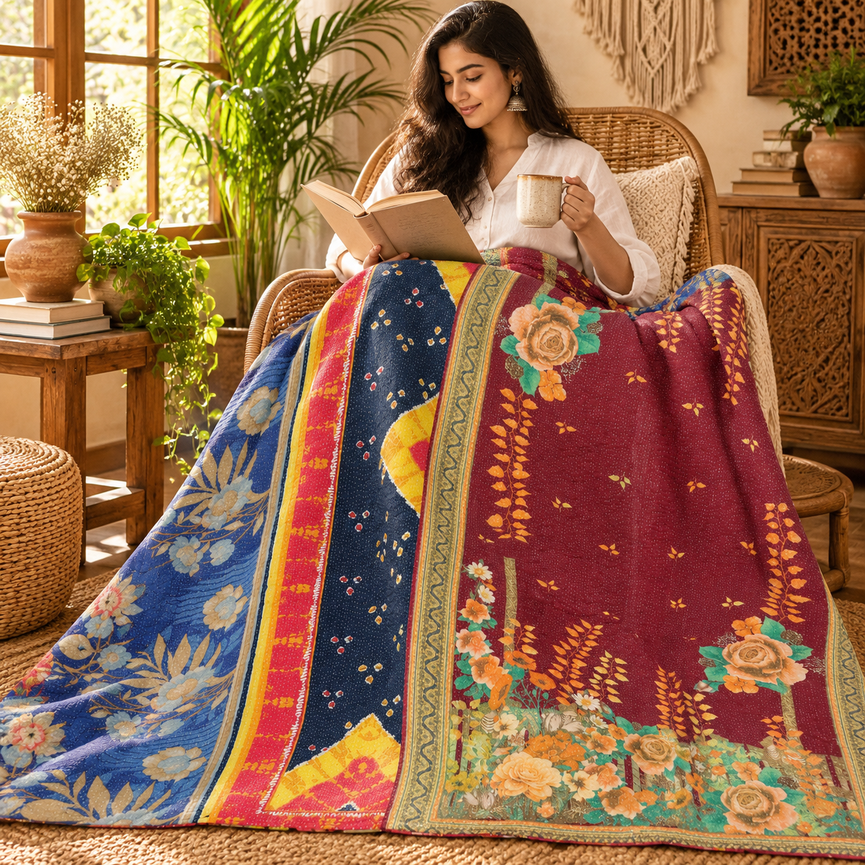 Burgundy Blue Floral Vintage Kantha Quilt – Handmade Cotton Indian Bedspread Throw 60x90 Inch - Image 3