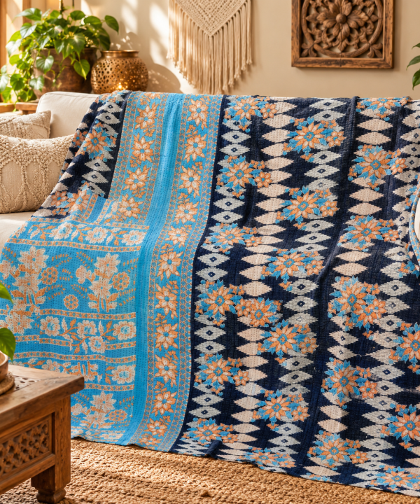 Blue Floral Kantha Quilt 60x90 – Handmade Cotton Bedspread