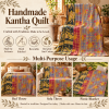 Blue Grey Floral Vintage Kantha Quilt – Handmade Recycled Cotton Bedspread Throw 60x90 Inch - Image 4