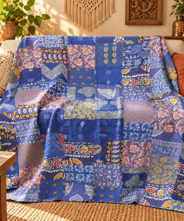 Assorted Blue Patchwork Kantha Quilt 60x90 – Handmade Cotton Bedspread