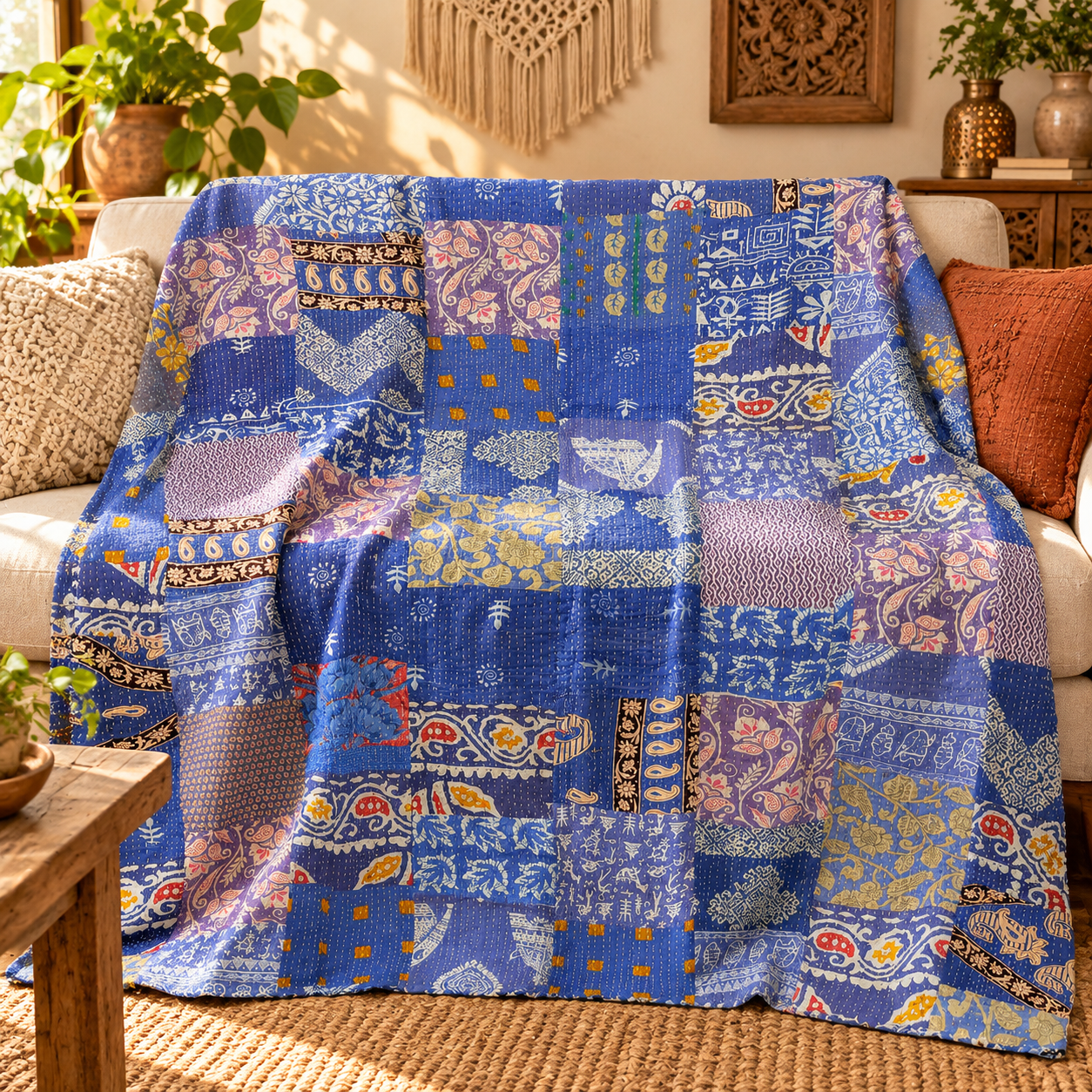 Assorted Blue Patchwork Kantha Quilt 60x90 – Handmade Cotton Bedspread