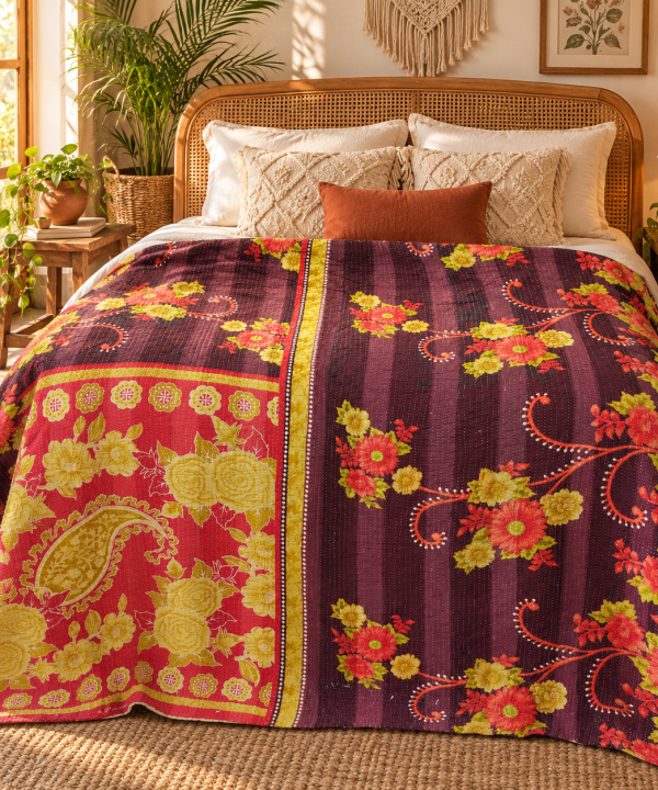 Alternative view of Burgundy Red Floral Paisley Vintage Kantha Quilt – Hand Stitched Cotton Bed Throw 60x90 Inch