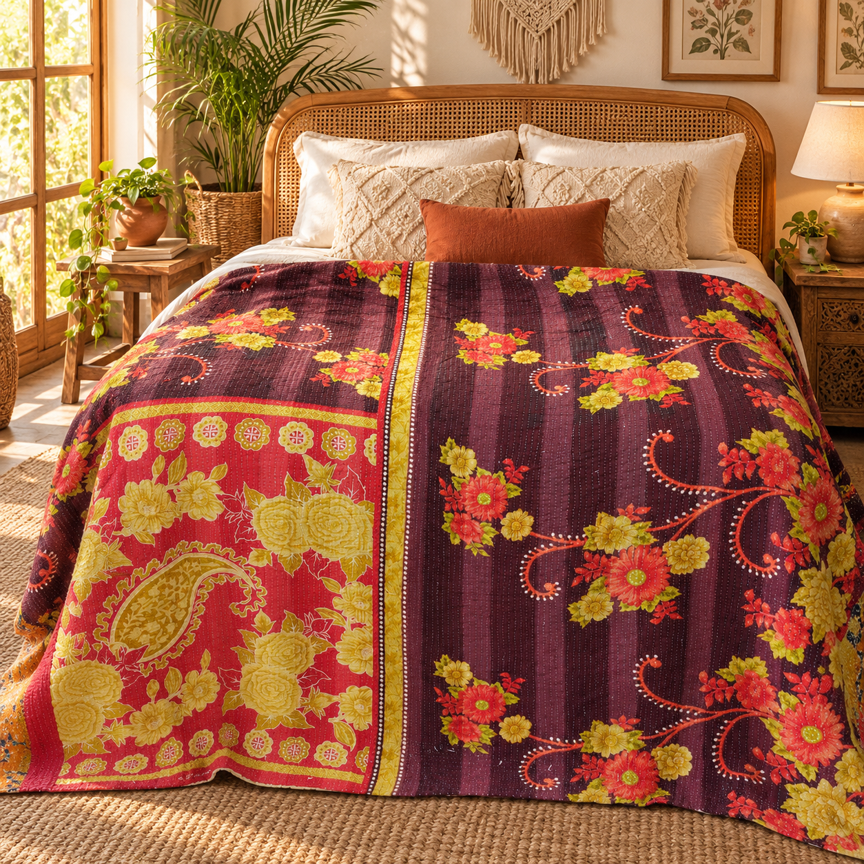 Burgundy Red Floral Paisley Vintage Kantha Quilt – Hand Stitched Cotton Bed Throw 60x90 Inch - Image 2