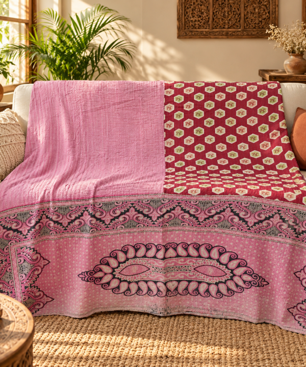 Pink Red Paisley Vintage Kantha Quilt – Hand Stitched Recycled Cotton Bedspread Throw 60x90 Inch