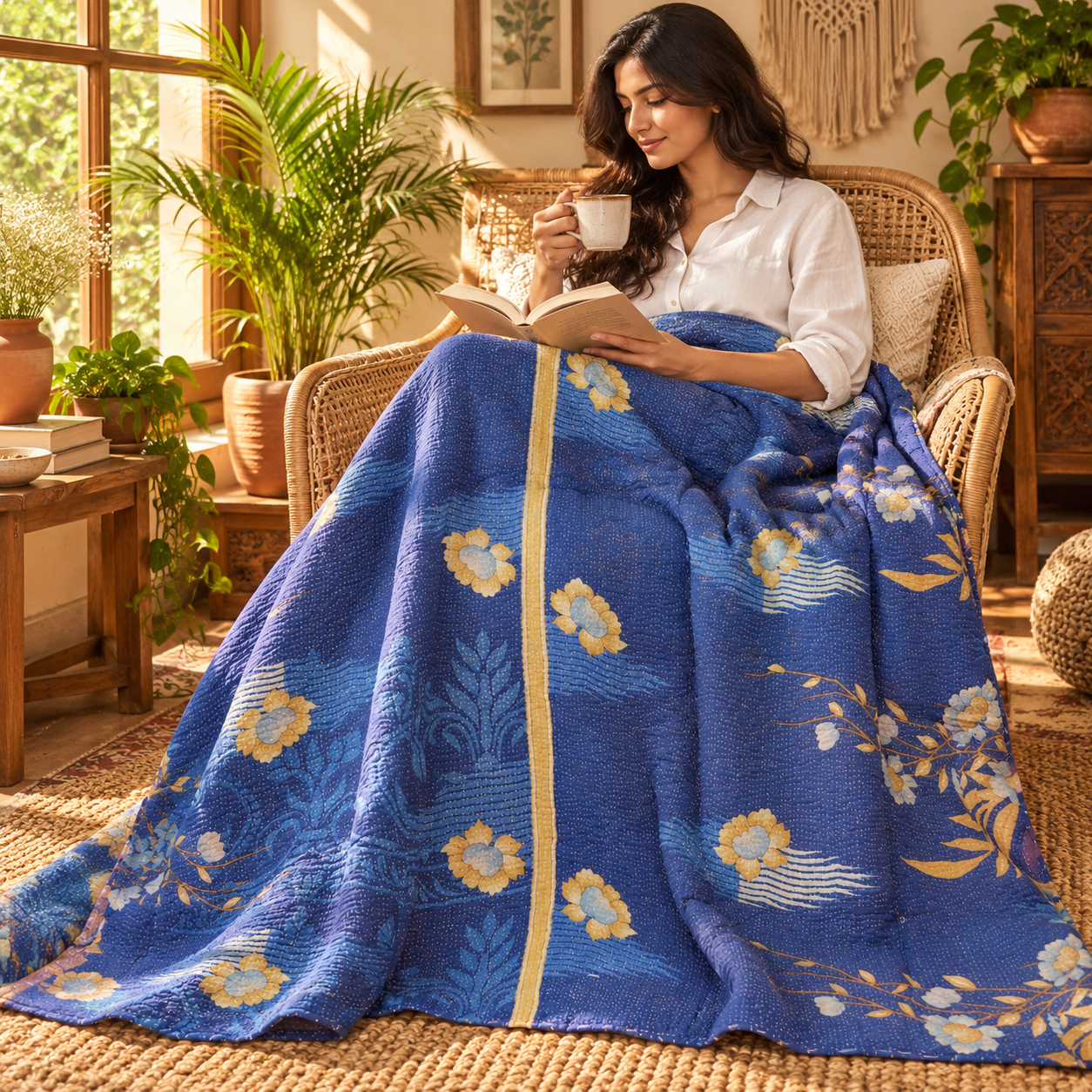 Royal Blue Floral Vintage Kantha Quilt – Hand Stitched Recycled Cotton Bed Throw 60x90 Inch - Image 3