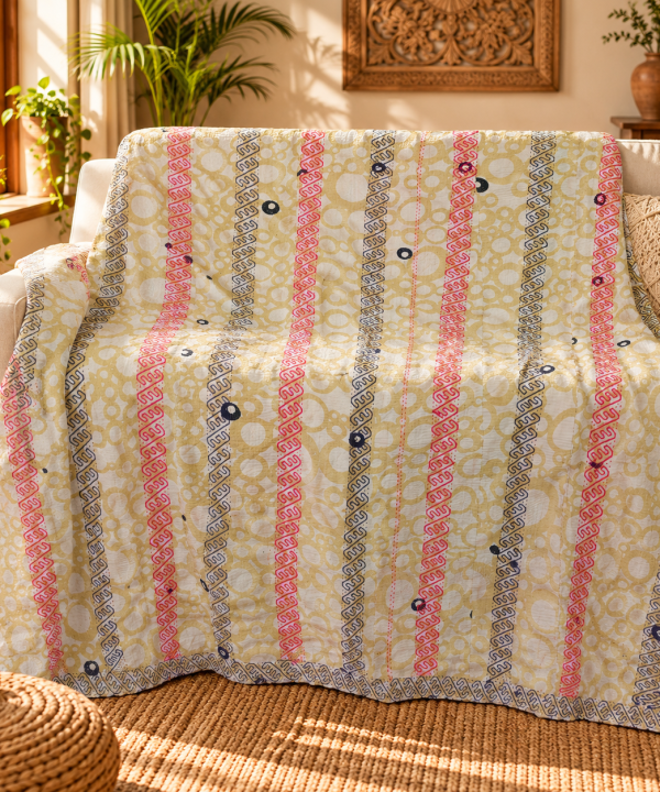 Cream Yellow Striped Vintage Kantha Quilt – Hand Stitched Recycled Sari Cotton Throw 60x90 Inch