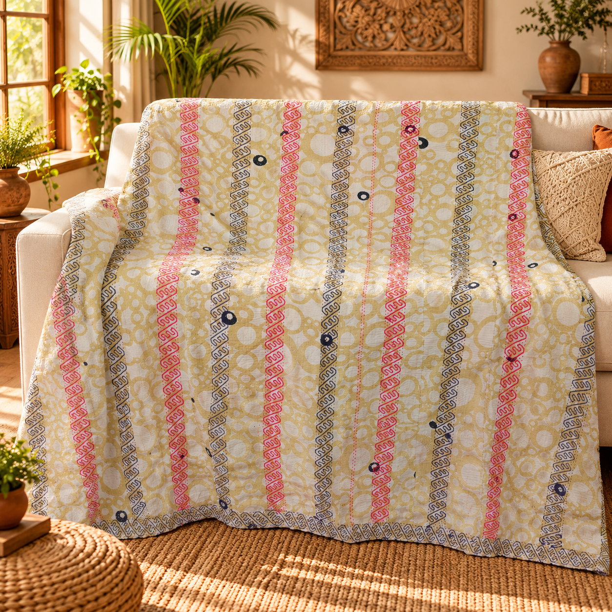 Cream Yellow Striped Vintage Kantha Quilt – Hand Stitched Recycled Sari Cotton Throw 60x90 Inch