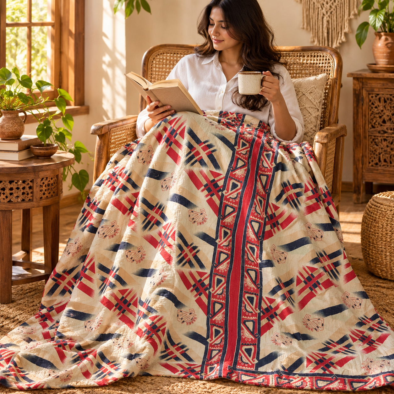 Cream Red Geometric Vintage Kantha Quilt – Handmade Cotton Indian Bedspread Throw 60x90 Inch - Image 3