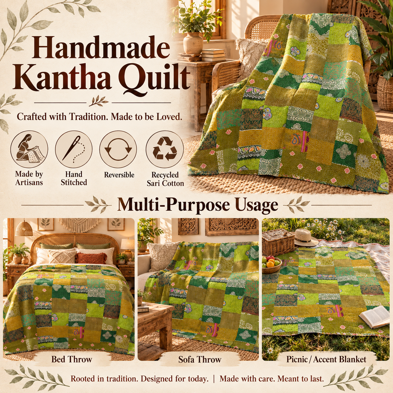 Assorted Green Patchwork Kantha Quilt 60x90 – Handmade Cotton Bedspread - Image 4