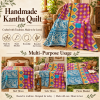 Magenta Pink & Blue Vintage Kantha Quilt – Geometric Floral Hand Stitched Cotton Throw 60x90 Inch - Image 4