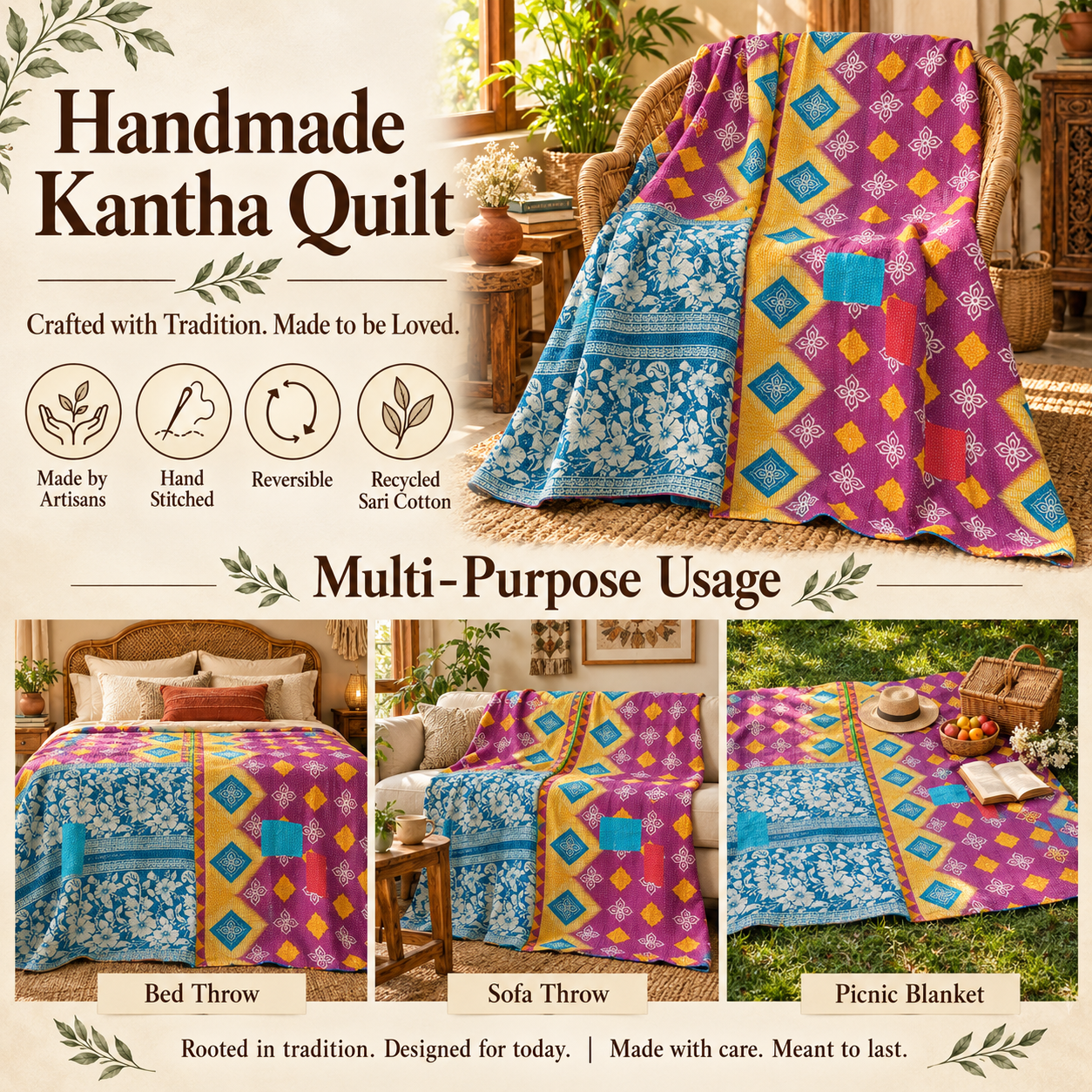 Magenta Pink & Blue Vintage Kantha Quilt – Geometric Floral Hand Stitched Cotton Throw 60x90 Inch - Image 4